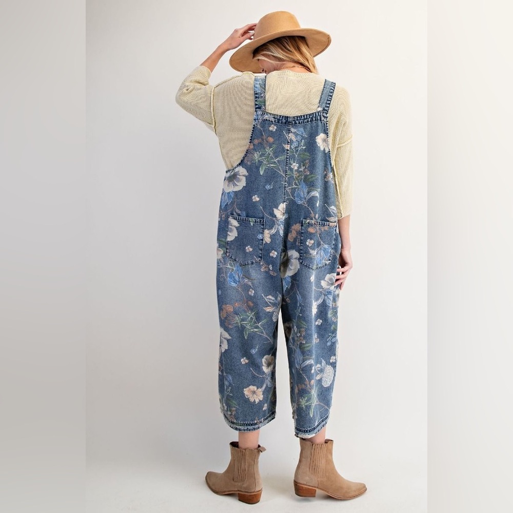 Easel FLOWER PRINTED WASHED DENIM OVERALLS - Picture 2 of 2